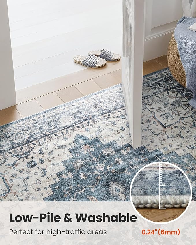 AMADA HOMEFURNISHING Round 4ft Area Rugs, Low-Profile Washable Rug with Non-Slip Backing & Durable Edge Binding, Vintage Rugs for Living Room, Bedroom, Dinning Room