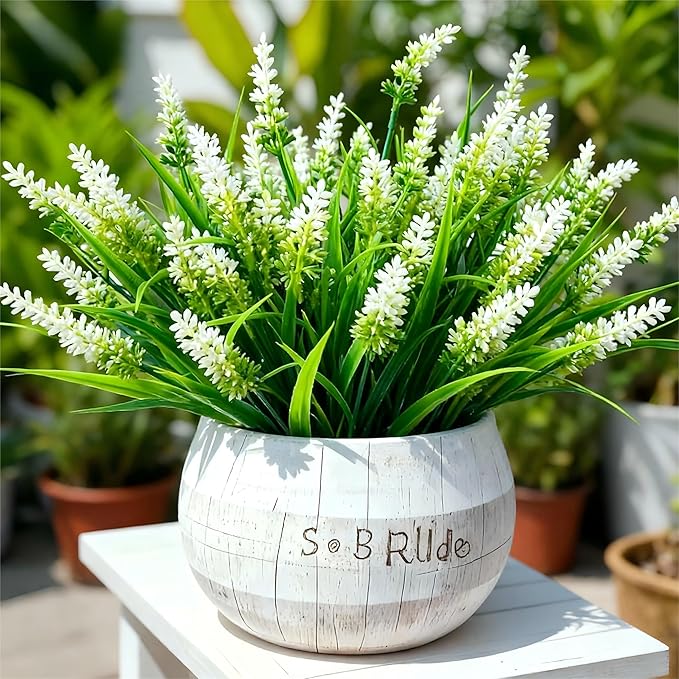 Geegoods Artificial Plants Flowers Outdoor – 24 Bundles UV Resistant Faux Lavender Flowers with Monkey Grass for Garden Porch Window Patio Hanging Planter Decor