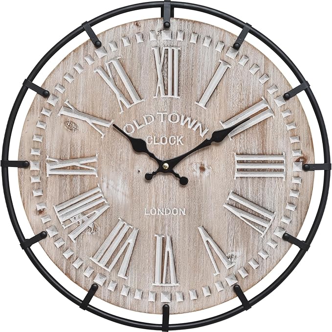 EMAX HOME 12 Inch Farmhouse Wall Clock Rustic Antique Wood with Metal Circle and Large Engraved Numerals, Silent Battery Operated Wall Clock for Office Kitchen Bedroom Living Room