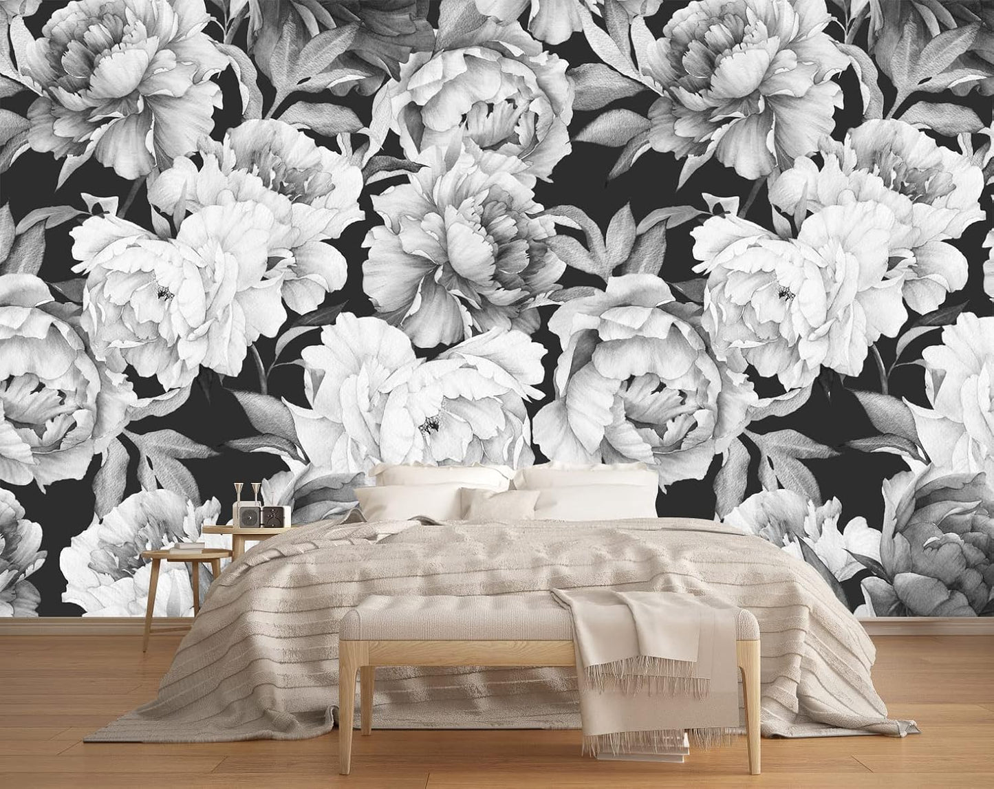 Black and White Peonies Wallpaper Watercolor Floral Mural Wallpaper for Bedroom Living Room (Not Peel n' Stick)