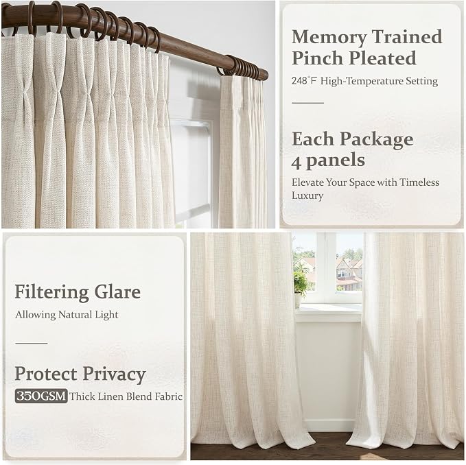 Cream Beige Pinch Pleated High Ceiling 102 Inch Long Curtains for Living Room, Memory Shape Birch Linen Sheer Neutral Window Drapes Sliding Glass Doors Privacy Curtain That Let Light in 4 Panels Set