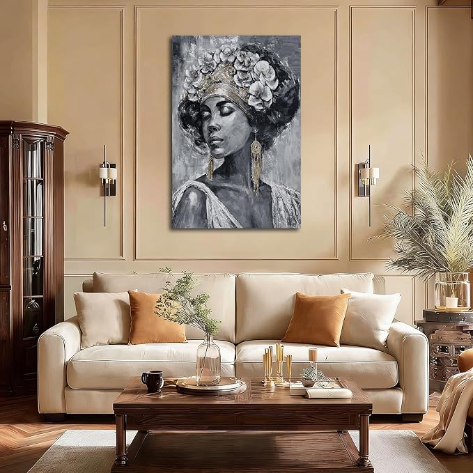 ZUNARE Abstract African Woman Canvas Wall Art Black White and Gold Portrait Painting Modern Figurative Artwork for Living Room Bedroom Office Decor 24x36inch