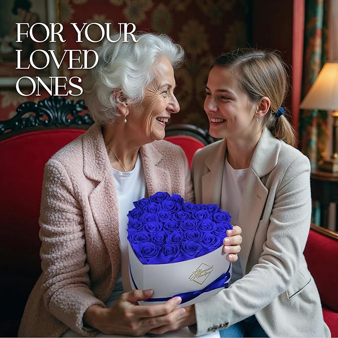 GLAMOUR BOUTIQUE Preserved Roses in a Box - Gifts for Her, Wife & Mom, Rose Flowers Forever Decor for Birthday Gift, Get Well Flower Bouquet Cased in White Box with Cover, Blue, 27 (Color-Treated)