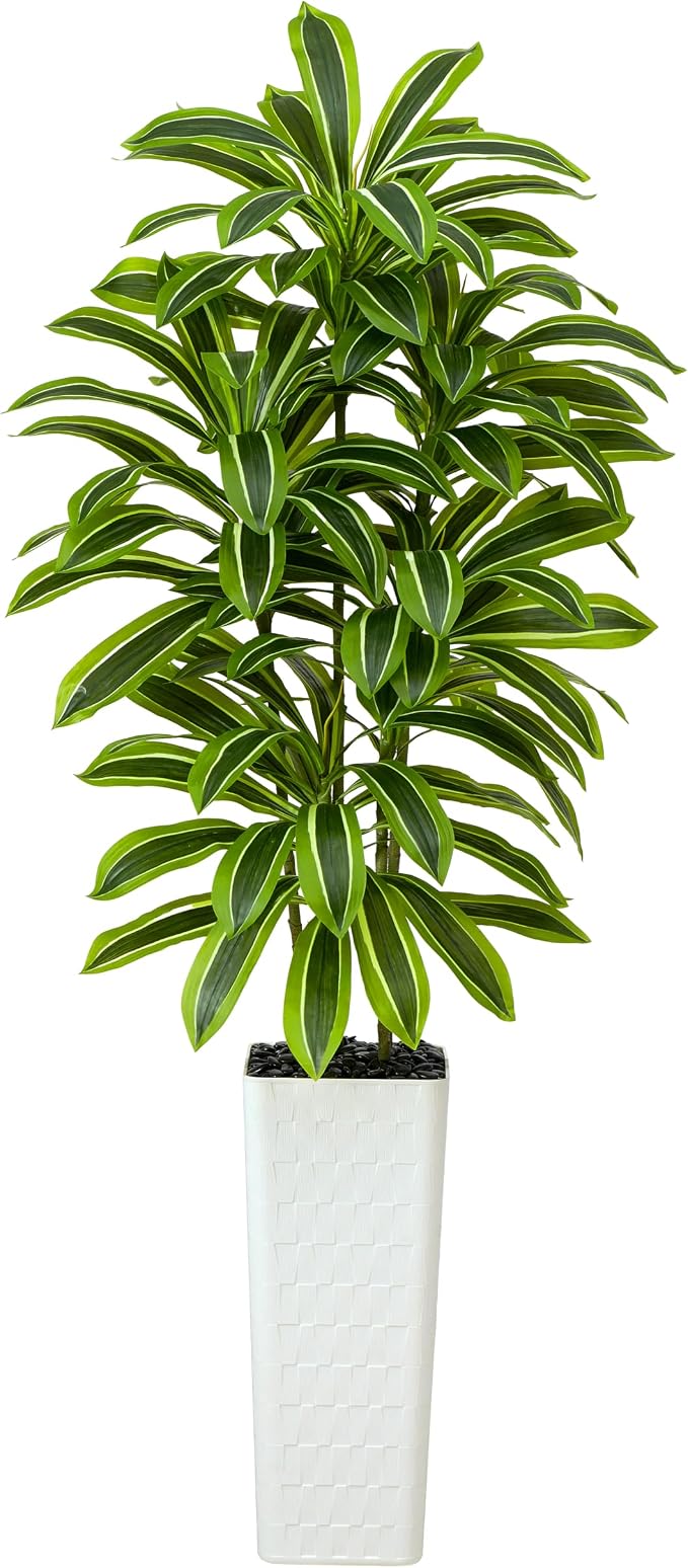 Artificial Dracaena Tree：7FT Faux Silk Tropical Yucca Floor Trees Realistic Fake Green Plant with Natural Wood Trunk & Lifelike Leaves for Home Office Decor Indoor & Outdoor (7FT,1-Pack,White)