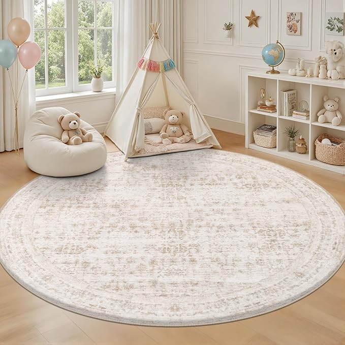 Round Area Rug for Living Room: 8 ft Washable Vintage Boho Soft Thin Circle Rug Indoor Floor No Slip Stain Resistant Carpet for Bedroom Dining Room Farmhouse Nursery Home Office -Beige Brown