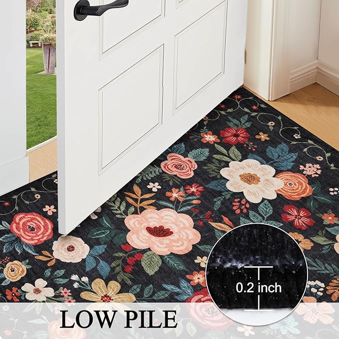 DUKINO 8x10 Area Rug, Floral Rugs for Living Room, Lightweight Non Slip Washable Rug, Indoor Low Pile & Non-Shedding Boho Design Rugs for Bedroom, Living Room, Dining Room, Black