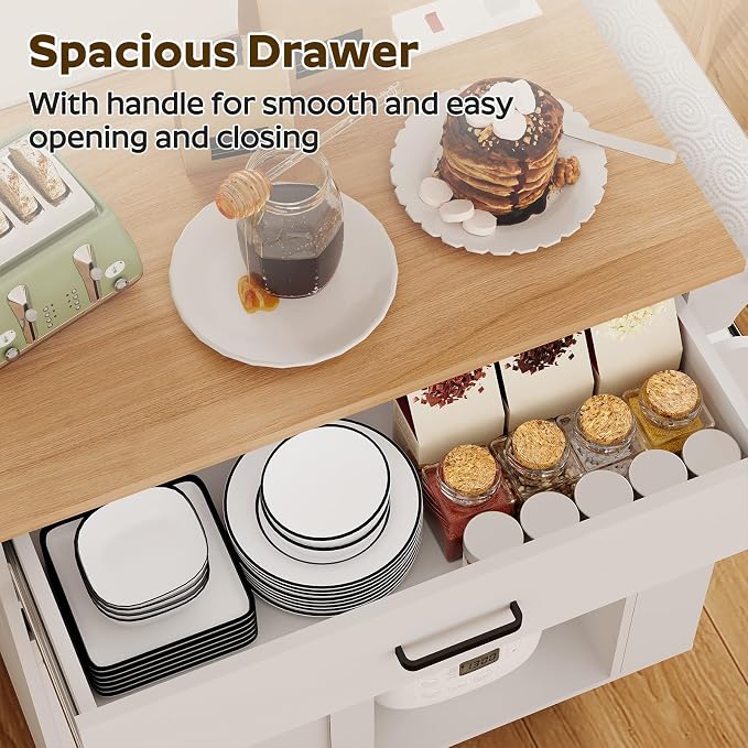 YATINEY Kitchen Island with Storage, Mobile Kitchen Cart with Charging Station, Kitchen Island on Wheels, Rolling Island Table with Sliding Cabinet Door, White and Natural ZD01UWN