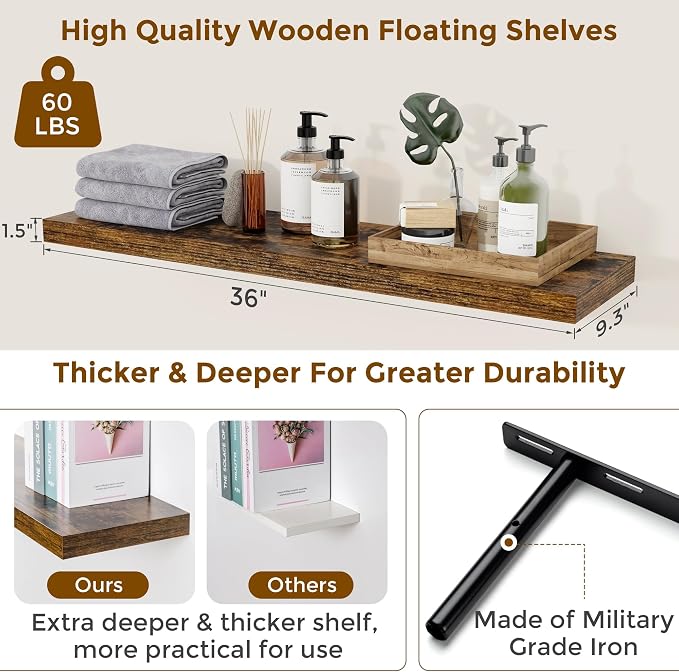 Floating Shelves for Wall, 36 inch Rustic Shelves 9.3in Deep Wooden Shelf, Floating Wall Shelves for Kitchen, Bathroom, Living Room & Bedroom Organizer, 36 x 9.3 x 1.5 in, 2 Packs