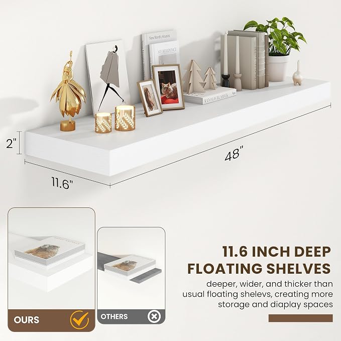 FLYJOE 48 Inch Floating Shelves | 12 Inch Deep White Floating Shelves Set of 2 | 48" W x 12" D White Wood Wall Shelves for Bathroom Living Room Kitchen Laundry Room