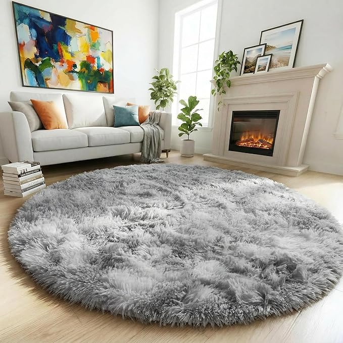 Amdrebio Tie-Dyed Light Grey Round Area Rugs for Living Room, 6x6 Ft, Soft Large Circle Rugs for Bedroom, Big Shag Fluffy Fuzzy Carpet for Kids Room, Modern Floor Circular Rug, Furry Farmhouse Rug
