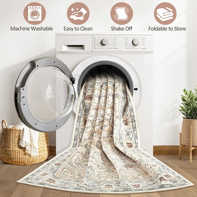 8x10 Area Rugs Living Room: Washable Boho Large Neutral Vintage Soft Rug Stain Resistant Farmhouse Non Slip Indoor Floor Carpet for Bedroom Nursery Kids Playroom Office Dining Room- Cream Blue