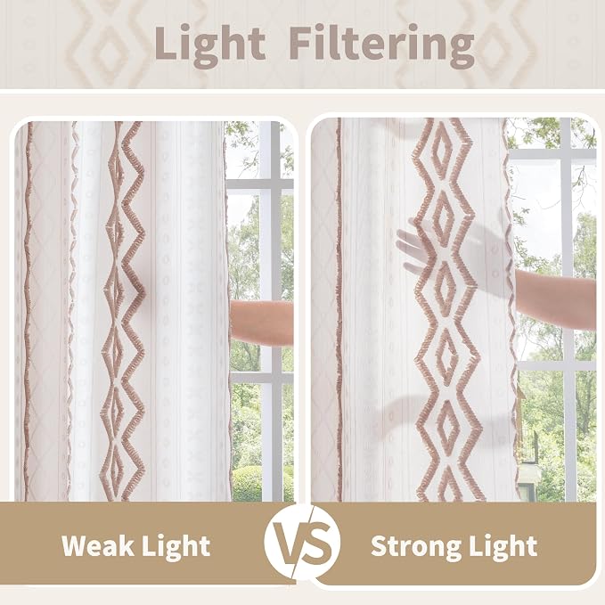 BGment Boho Curtains for Living Room,96 Inch Length Drapes Botanical Jacquard Pattern Natural with Grommet for Farmhouse Bedroom Light Filtering, Mocha, 2 Panels Set, 52 X 96 Inch