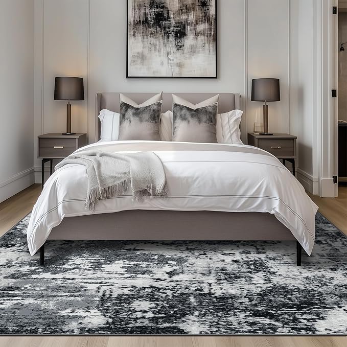 RELEANY Washable Area Rugs Square 7ft Non-Slip Modern Abstract Soft for Living Room Entryway Bedroom Nursery, Print Pattern, Black Navy Blue Gray