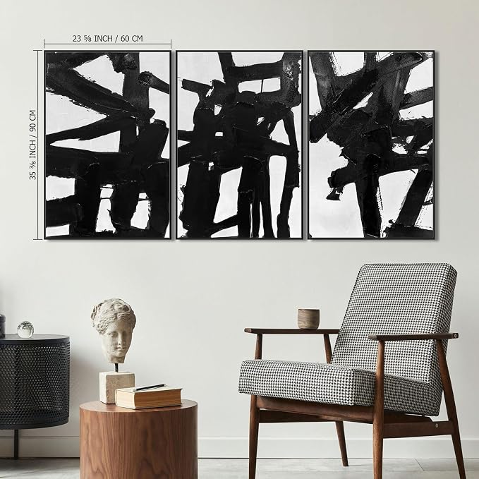 SAFERRYHOME Black And White Abstract Textured Wall Art, 3 Pieces Modern Canvas Prints Paintings, Minimalist Wall Decor Picture, Black Line Stroke Artwork for Living Room, Bedroom, Office, 24"x36"x3