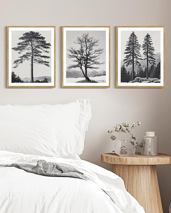 PHOPAGO Vintage Antique Tree Framed Wall Art Black and White Retro Forest Wall Decor Nature Wilderness Sketch Paints Modern Decor - 11x14in Natural Framed