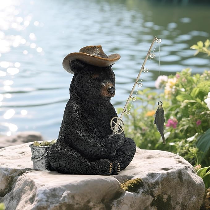 Hodao Black Bear Fishing Figurines Decoration Summer Bear Crafts for Home Office Desk Decor Statue for Tabletop Shelf Decoration Ornament Gifts Decor for Beach Fishing Lovers (Black)