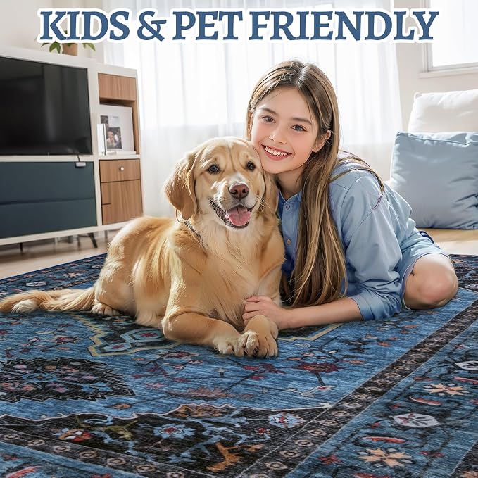 Tangsoo Blue 3x5 Area Rugs, Oriental Washable Rug Non Slip Indoor Accent Rug, Vintage Print Carpet, Soft Low Pile Throw Rugs for Living Room Dining Bedroom Bedside Entryway