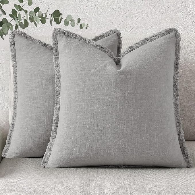 decorUhome Summer Decorative Neutral Linen Fringe Euro Sham Throw Pillow Covers Set of 2 Light Grey Pillow Covers with Tassels Soft Farmhouse Boho Accent Pillow Cases for Couch Bed Sofa 26x26 Inch