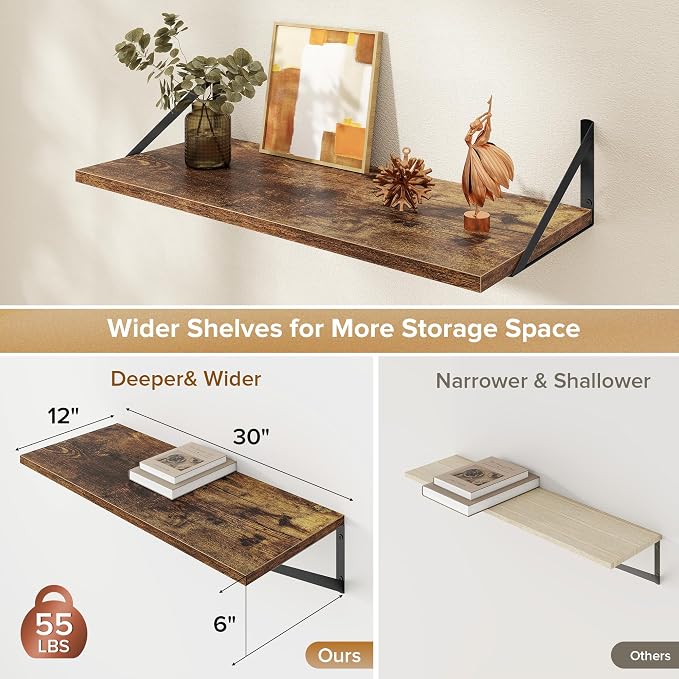Acovy Deep Floating Shelves Wall Mounted, 30"x12" Brown Wood Shelves with Brackets Set of 2 for Bedroom, Living Room, Bathroom, Kitchen, Office - Storage & Display Shelf for Decor, Books, Plants