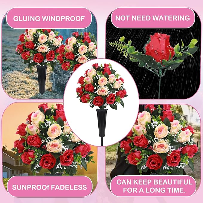 Lodou Set of 2 Artificial Cemetery Flowers, Memorial Flowers Bouquet,Grave Memorial Flowers with Vase for Cemetery Headstones Decoration (Rose red Beige)