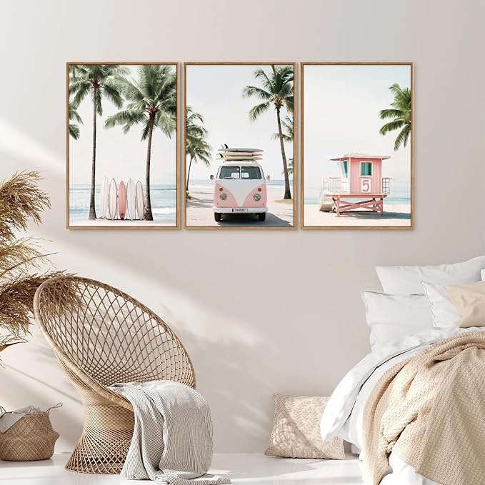 KYLESONLIE Tropical Beach Themed Framed Canvas Wall Art, Pastel Girly Surfboard Wall Decor, Relaxing Hawaii Palm Tree Posters, Coastal Beachy Art Paintings for Girls Bedroom Living Room Dorm 24"x36"x3