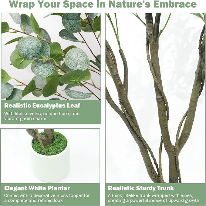 Caxchiling Artificial Eucalyptus Tree 6FT, Indoor Outdoor Faux Tree | Natural Trunk with White Planter for Home Office Living Room Front Door Decor