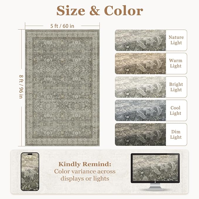 Gray 5x8 Washable Area Rugs, Low Pile Thin Print Living Room Bedroom Rug Non Slip, Transitional Modern Faromhouse Carpet Rugs for Dining Room Home Office Soft French, Neutral Gray/Beige/Olive