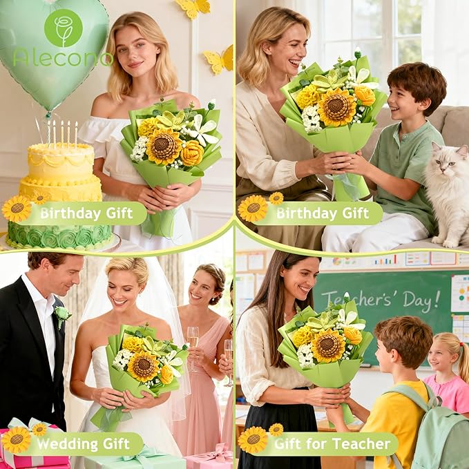 Alecono Crochet Flower Bouquet, Green Knitted Flowers, Crochet Sunflowers for Mother's Day Anniversary Birthday Graduation Lover Valentine Day Gifts (with Card)