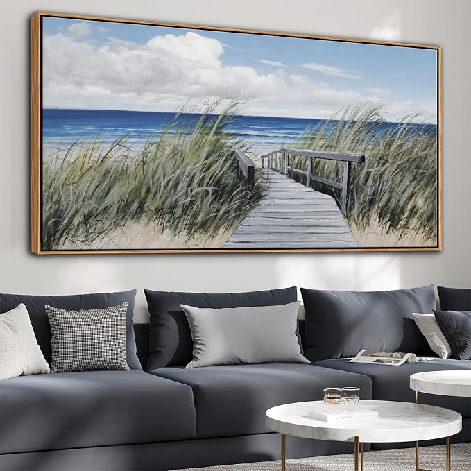 Coastal Wall Art for Living Room - Vintage Farmhouse Landscape Artwork for Walls, Framed Blue Seascape Canvas Decor, Beach Pictures for Bedroom, Ocean Wall Decor Home Decorations 29×58IN