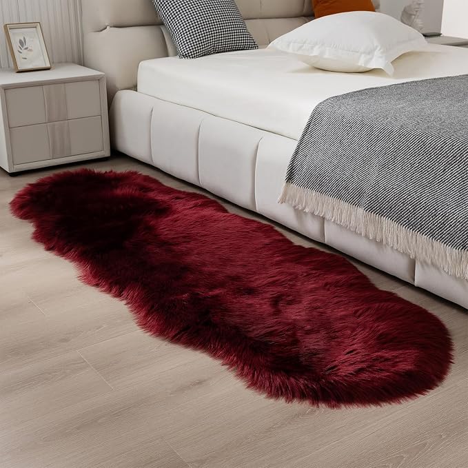 Faux Fur Sheepskin Runner Rug Burgundy 2x6 ft Ultra Soft Shaggy Plush Fluffy Fuzzy Area Carpet Decorative Chair Cover Floor Mat for Bedroom Sofa Living Room Bedside