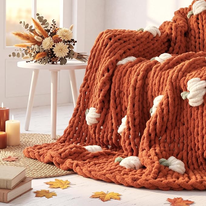 Mindsoft Chunky Knit Throw Blanket Large 50" X 60" Handmade Cream Chenille Loop Yarn Fluffy Soft Knitted Throw Big Cozy Thick Cable Knit Crochet Blanket for Couch Sofa Bed (Burnt Orange,Pumpkin)