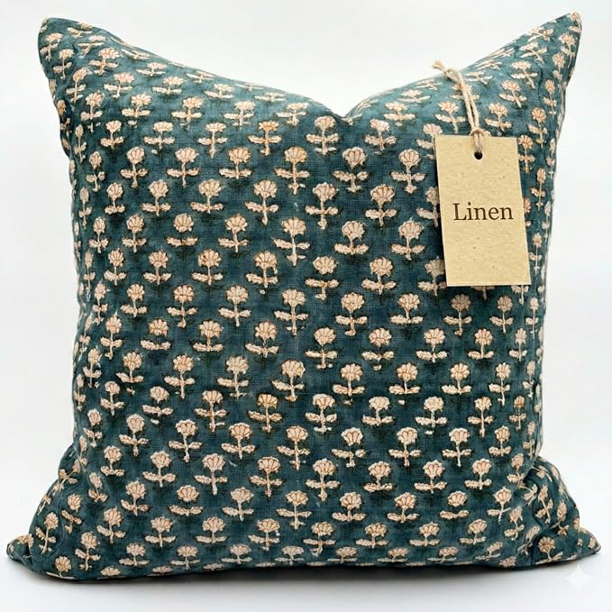 Linen Blue Throw Pillow Covers 20x20 inch Floral Pillows Spring Decorative Pillow Covers for Living Room, Bedroom