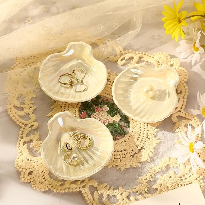 Teenyyou 8 Pcs Shell Ring Dish Ceramic Jewelry Trinket Dish Tray Seashell Ring Key Holder Bowl Beach Room Coastal Plate Decor for Home Bathroom Counter(Classic,White)