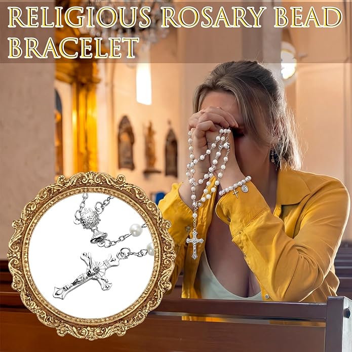 Kenning 24 Pcs First Communion Favor Rosary & Bracelet White Religious Rosary Bead Christian Baptism Gifts for Guests Primera Comunion Gift for Baptism Church Wedding
