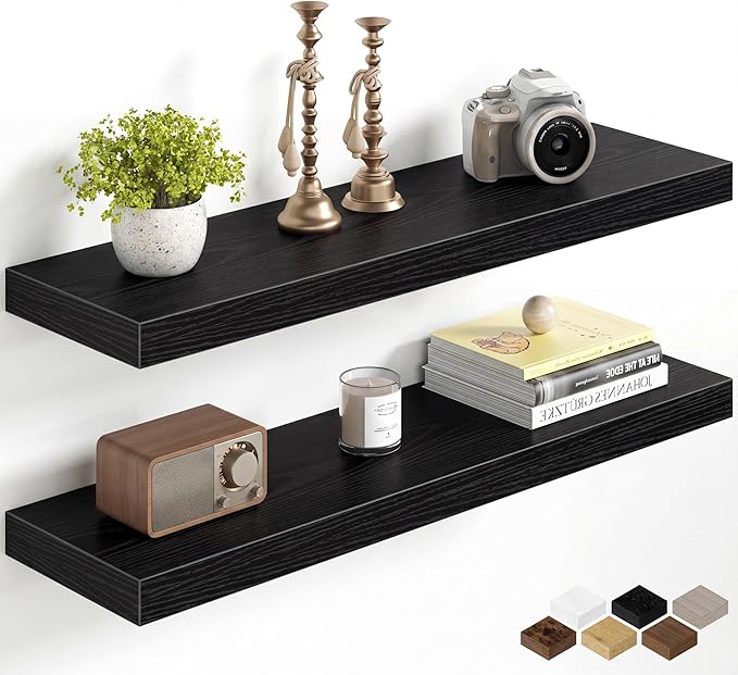 Fun Memories 30Inch Floating Shelves for Wall, 8 Inch Deep Shelves for Bathroom|Bedroom|Kitchen Wall Mounted, Wood Hanging Shelf with Invisible Brackets for Home Storage Decor, Black - 2 Pack
