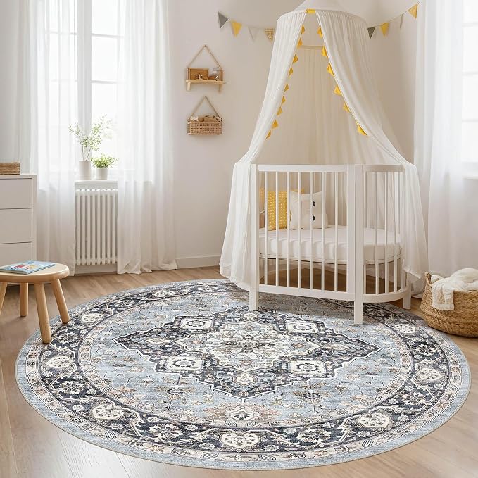 Round Rug Living Room Rugs: 7x7 Washable Boho Neutral Large Circle Soft Indoor Distressed Stain Resistant Floor Farmhouse Carpet for Bedroom Nursery Kids Playroom Office Dining Room Dorm- Blue Tan
