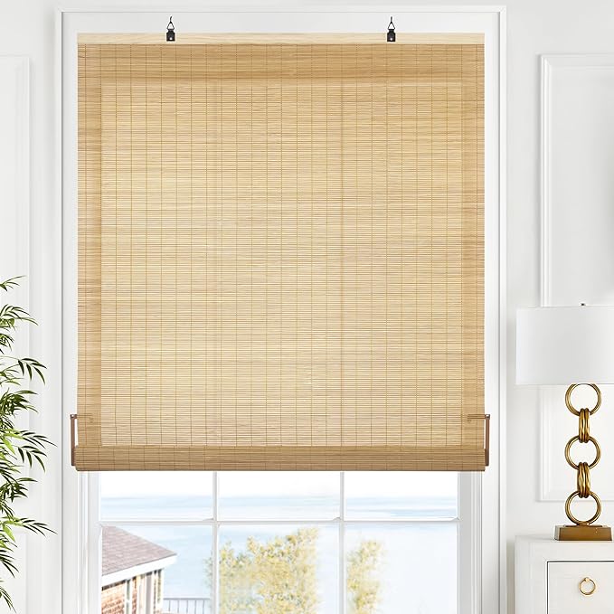 LazBlinds Cordless Bamboo Blinds, 32"x72", Carbonized | Bamboo Roll Up Shades for Windows, Light Filtering Hanging Window Blinds, Bamboo Shades for Patio Indoor/Outdoor Porch