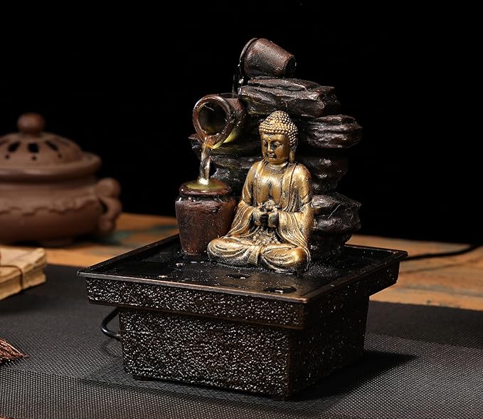 Tabletop Water Fountain Buddha Statue Desktop Indoor Waterfall Fountain Tabletop Humidifiers Home Decoration for Office, Living Room, or Bedroom