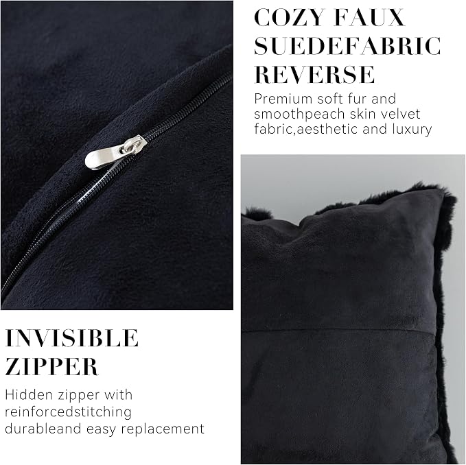 MOOX Rabbit Fur Pillow Covers Set of 2 Fur Throw Lumbar Decorative Pillow Fuzzy Soft Fluffy Genuine Animal Skin 12"x20" Sofa Couch Bed Cover, Black