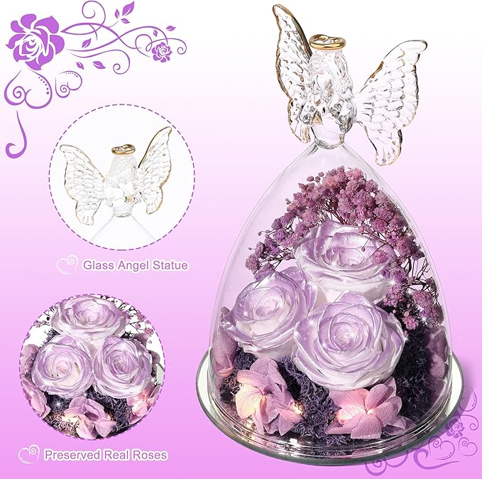 Mothers Day Rose Gifts for Women Preserved Real Flower in Glass Angel Figurines Roses for Delivery Prime Birthday Gifts for Mom Grandma Girlfriend Wife Her, Pearlescent Purple