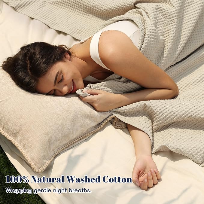 PHF Pre-Washed 100% Cotton Waffle Weave Blanket King Size for Bed,Snag Proof Throw Blanket for Couch Spring Summer Lightweight Breathable,Machine Washable, Home Decor Gift - Linen/Stone