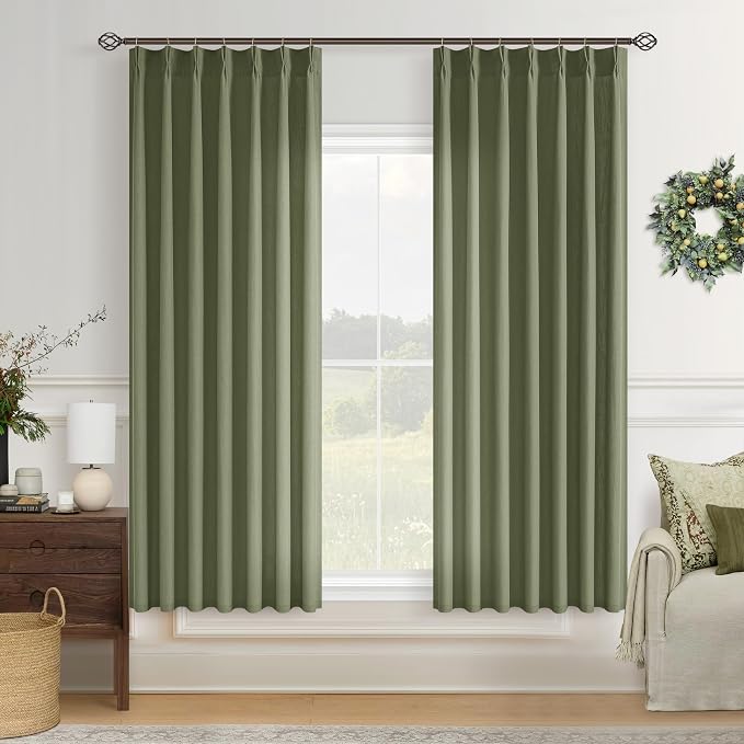 Pinch Pleat Olive Green 63 Inch Curtains for Bedroom Rustic Linen Blend Viral Pleated Light Filtering Privacy Small Window Curtain Back Tab Loden Moss Green Semi Sheer Drapes 2 Panels 63 Inch Length