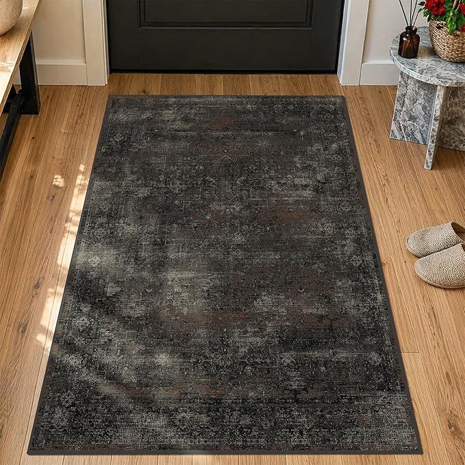 Black 3x4 Washable Entryway Rug, Non-Slip Low Pile Indoor Rug for Mudroom, Bathroom, Kitchen & Hallway, Stain Resistant Dark Volcanic Charcoal Modern Farmhouse Style