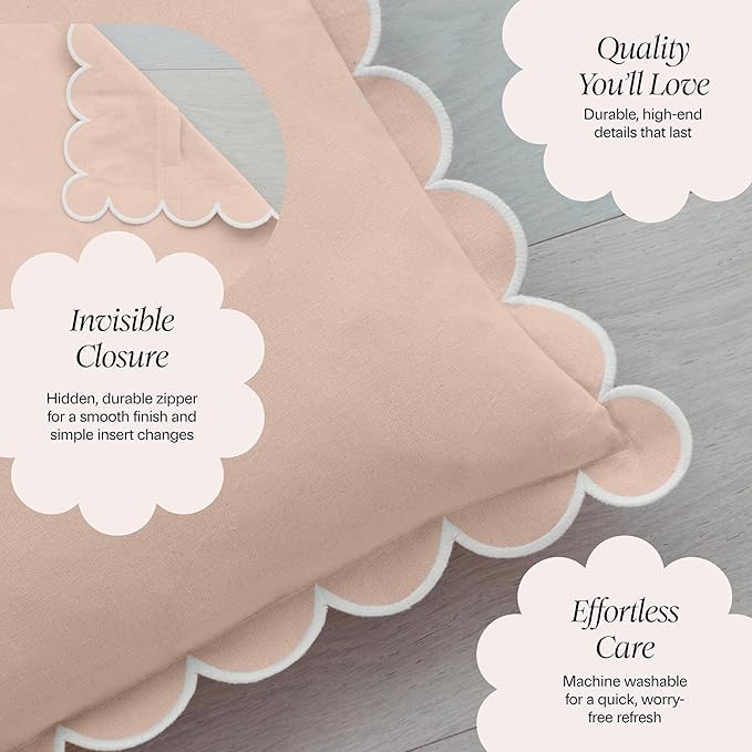 BEBE BASK Scalloped Pillow Cover - Set of 2-18 x 18 Inch - Scallop Pillow Covers – Peach Pink Scalloped Pillows - Scallop Pillows - 100% Cotton - Grandmillennial Style (Peach Pink/White)