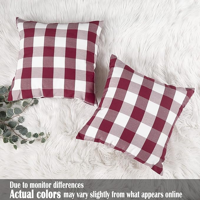 CARRIE HOME Red Buffalo Check Pillow Covers 18 x 18 Set of 2 Red Plaid Check Outdoor Pillow Covers 18x18 Burgundy Throw Pillows for Christmas Decor