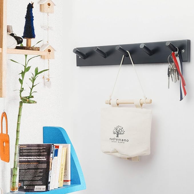 WEBI Coat Rack Wall Mounted,16" Hole to Hole,Coat Hanger Wall Mount with 5 Coat Hooks for Hanging,Hook Rack Peg Rail for Hats,Jacket,Clothes,Towels,Black