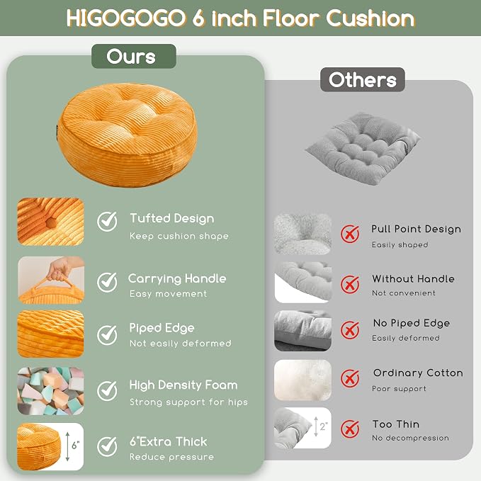 HIGOGOGO 6" Extra Thick Floor Pillow Cushion for Adults, Meditation Cushion Pillow, Large Round Floor Sitting, Tufted Corduroy Cover, for Tatami Living Room or Yoga, 22x22 Inch, Orange