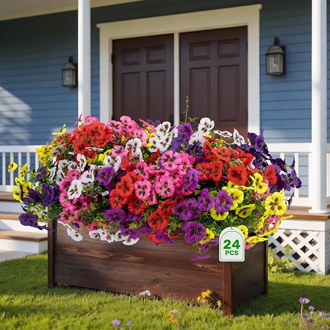 24 Pcs Artificial Fake Pansy Flowers for Outdoor,Faux Silk Plants Flowers UV Resistant Pansies Spring Flowers for Planter Front Door Porch Yard Patio Garden Window Box Home Decor(6 Color)