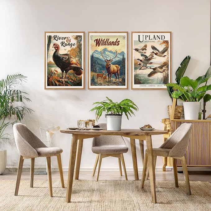 HOURIA 3Pcs Large Retro Hunting Framed Canvas Wall Art Set(16"x24"),Wildlife Deer Elk Mallard Duck Hunting Nursery Decor Rustic Wild Animals Camping Posters For Hunter Room Cabin Decor Living Room Bedroom