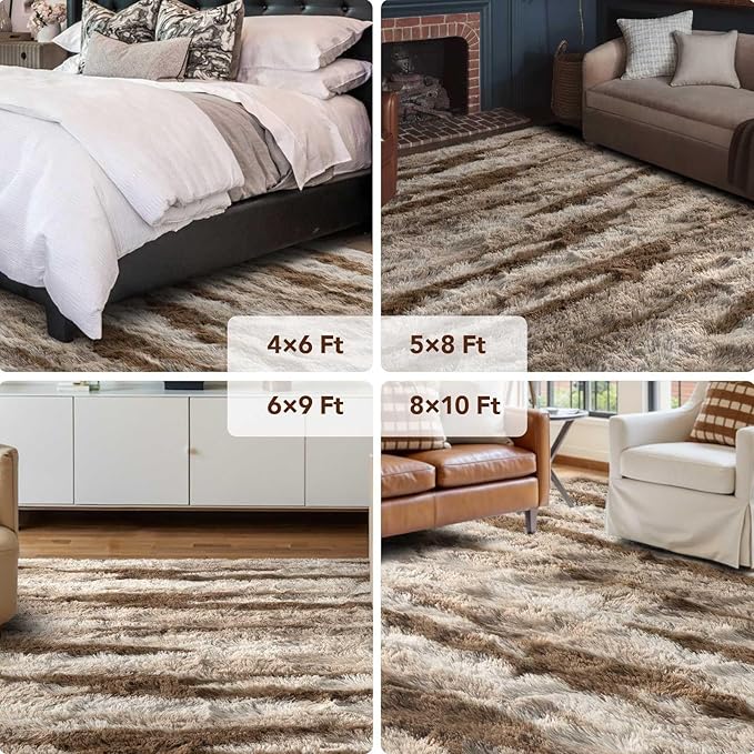 FinRèc Brown Rugs for Bedroom Living Room, 4x6 Feet Fluffy Shaggy Area Rug, Non-Slip Soft Shag Rug for Nursery Kids Room Dorm Room Home Decor, Indoor Plush Floor Carpet